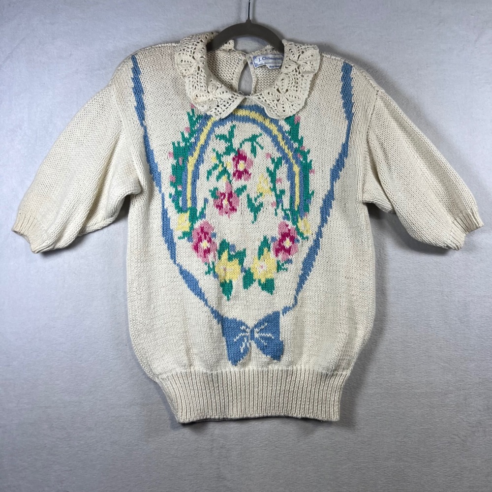 J. Christopher Vintage Hand Knit Floral Sweater Lace Collar Cottagecore Cream M